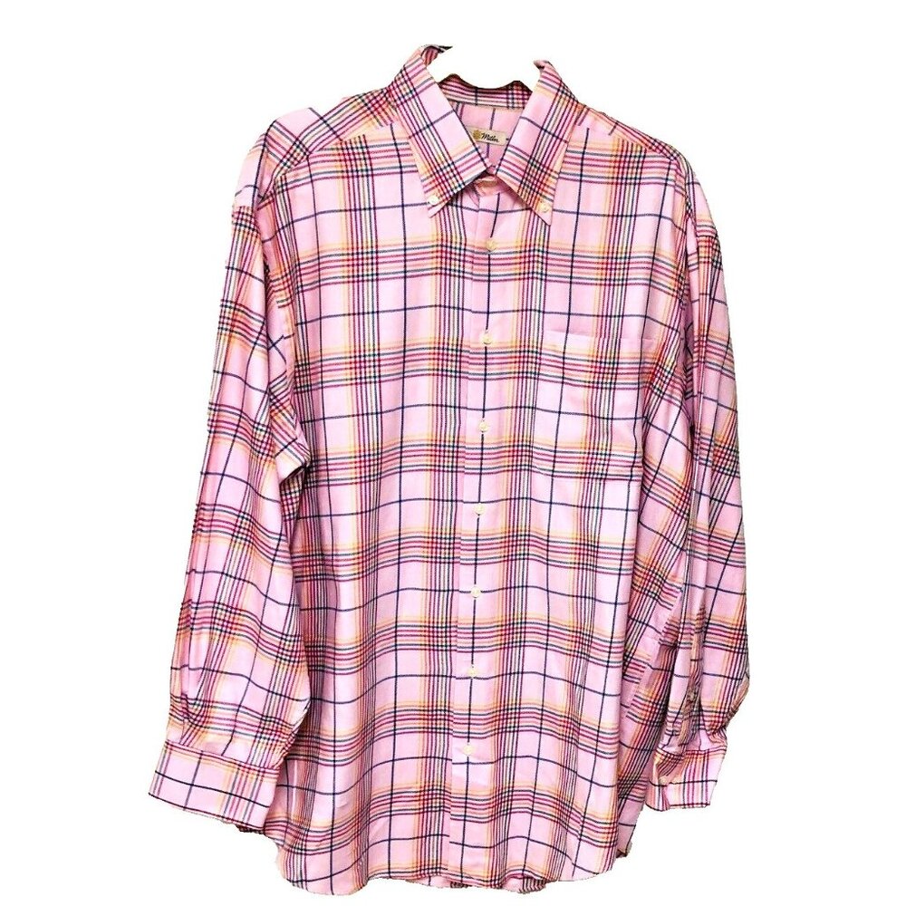 Peter Millar Mens Pink Plaid Shirt Cotton Button Down Preppy Office‎ Checks Sz L